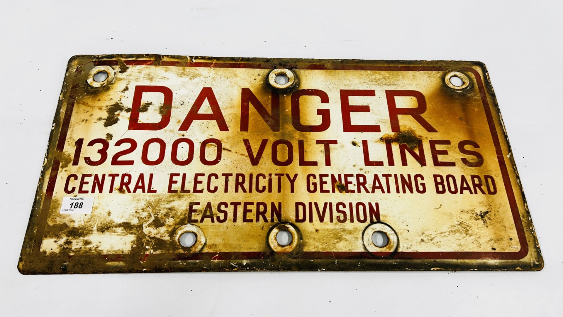 AN ORIGINAL VINTAGE ENAMEL SIGN "DANGER" 132000 VOLT LINES CENTRAL ELECTRICITY GENERATING BOARD