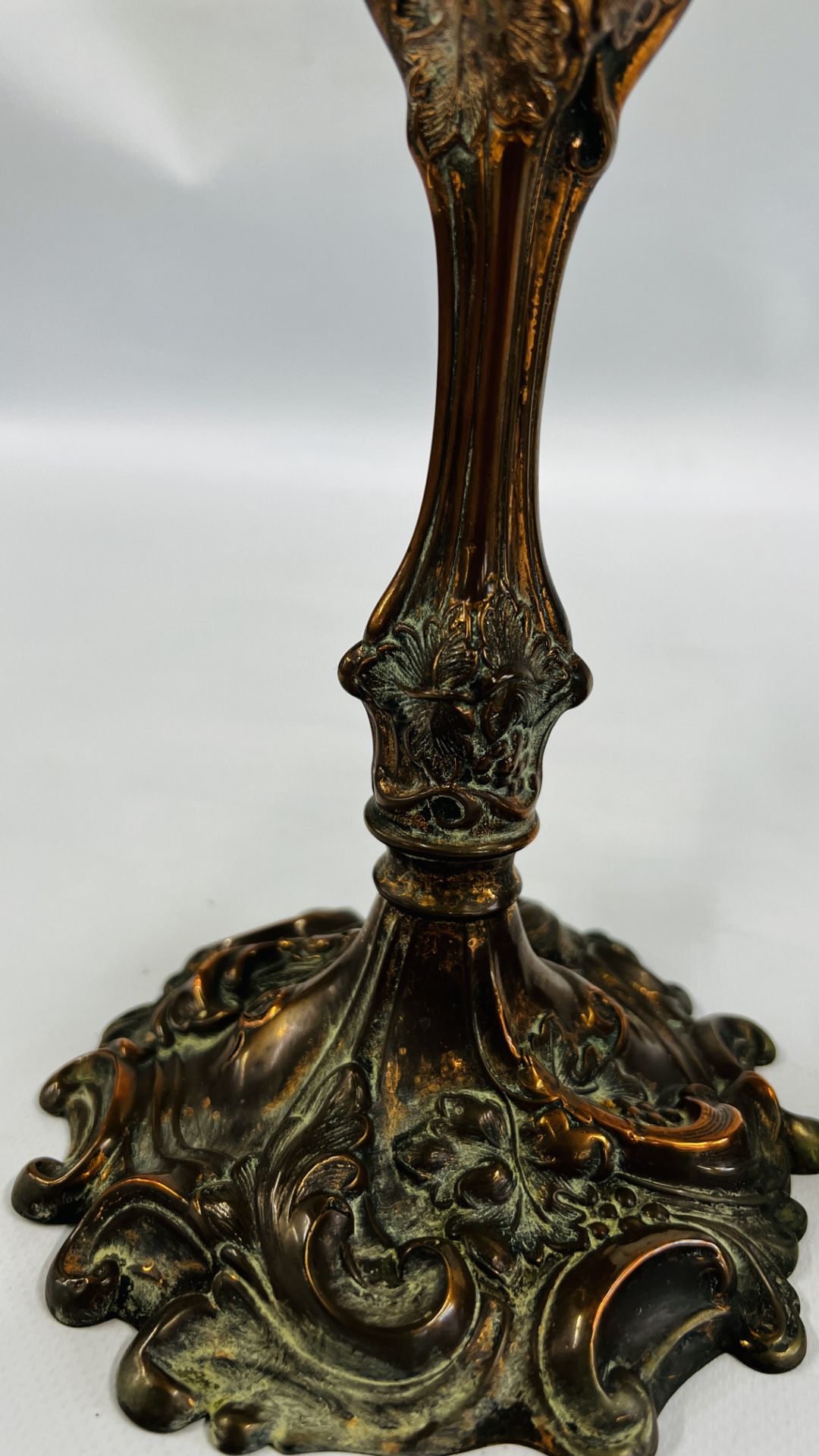 A PAIR OF ORNATE C19TH COPPER CANDLESTICKS WITH DETACHABLE SCONCES - HEIGHT 27CM. - Image 9 of 20