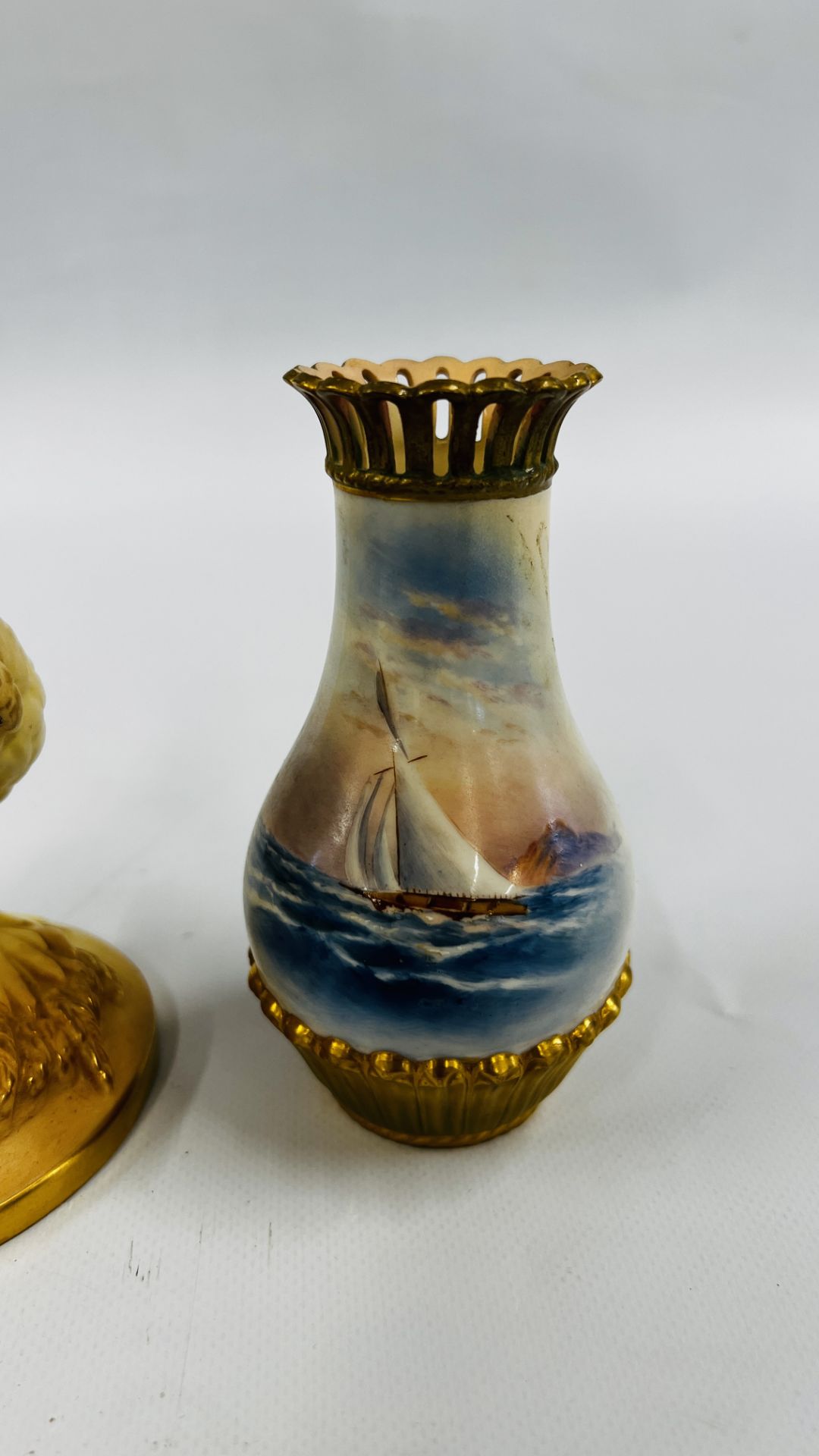 FOUR PIECES OF ROYAL WORCESTER TO INCLUDE SMALL BALUSTER VASE WITH SAILING DESIGN DECORATED BY R. - Image 2 of 15