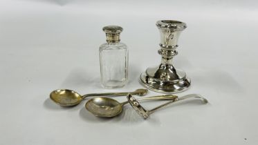 A SILVER SQUAT CANDLESTICK LONDON ASSAY (FILLED) H 8.