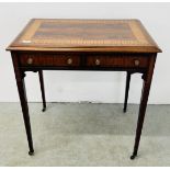 ANTIQUE MAHOGANY & INLAID 2 DRAWER WRITING TABLE WITH BRASS DETAILED HANDLES STANDING ON CASTERS,