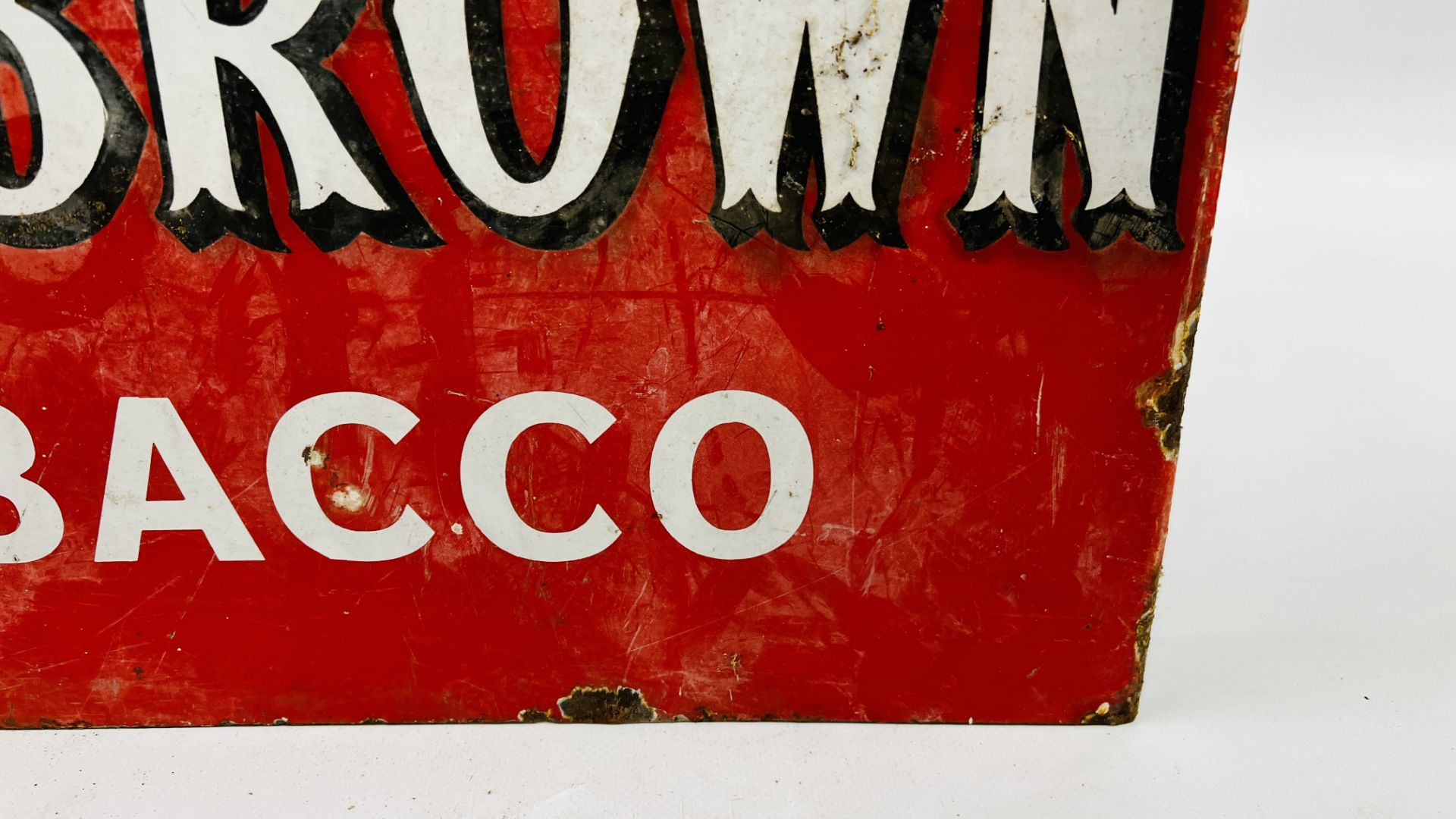 AN ORIGINAL VINTAGE DOUBLE SIDED ENAMEL SIGN "WE SELL NUT BROWN TOBACCO" - W 45 X H 34.5CM. - Image 14 of 14