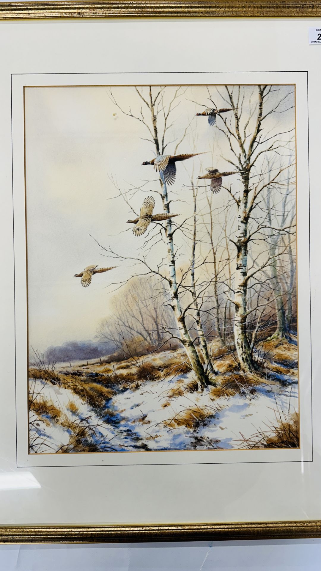 AN ORIGINAL WATERCOLOUR OF PHEASANTS FLYING THROUGH A WINTER WOODLAND BEARING SIGNATURE S.T. - Image 2 of 6