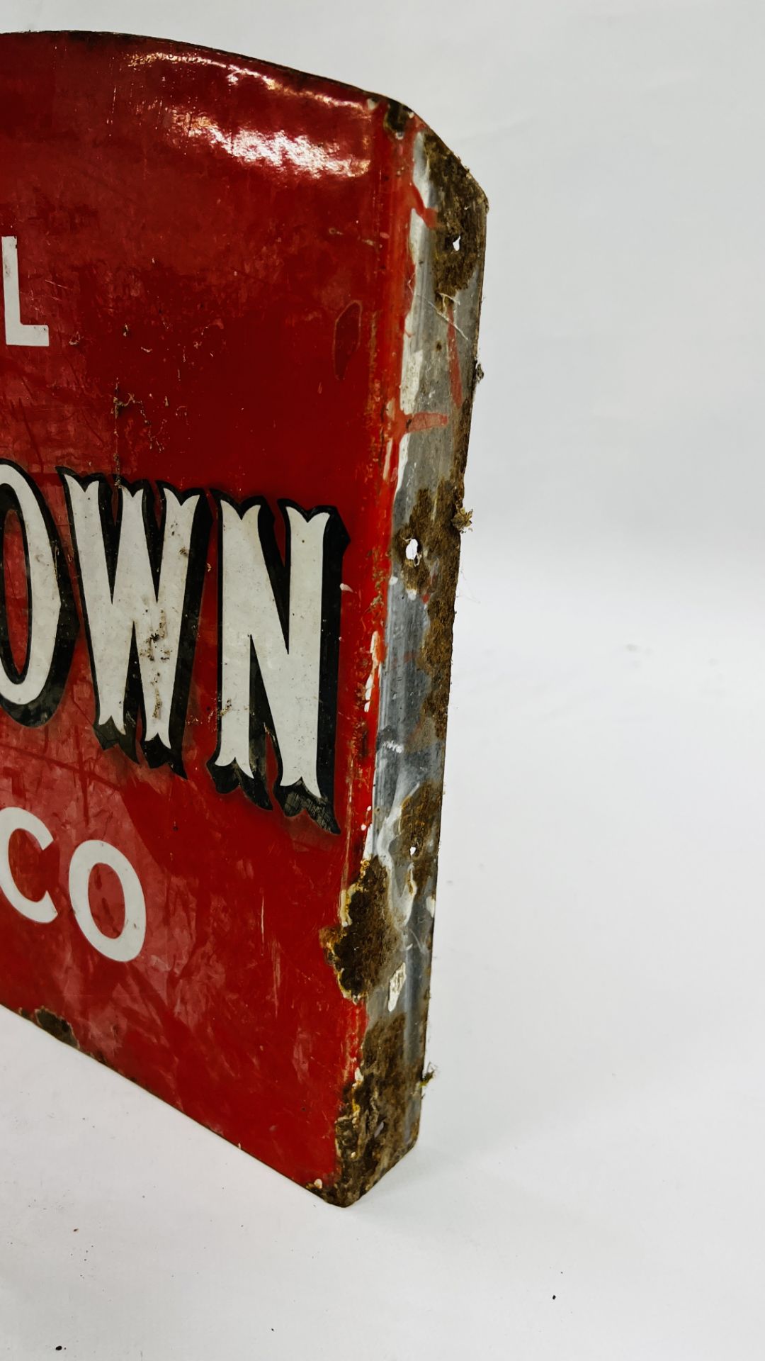 AN ORIGINAL VINTAGE DOUBLE SIDED ENAMEL SIGN "WE SELL NUT BROWN TOBACCO" - W 45 X H 34.5CM. - Image 10 of 14