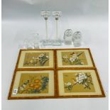 A GROUP OF DECORATIVE EFFECTS TO INCLUDE TWO GLASS OWLS, PAIR OF CRYSTAL GLASS CANDLESTICKS,