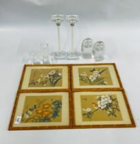 A GROUP OF DECORATIVE EFFECTS TO INCLUDE TWO GLASS OWLS, PAIR OF CRYSTAL GLASS CANDLESTICKS,