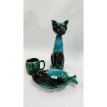 3 PIECES OF BLUE MOUNTAIN POTTERY INCLUDING CAT, FISH DISH AND MUG.