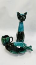 3 PIECES OF BLUE MOUNTAIN POTTERY INCLUDING CAT, FISH DISH AND MUG.