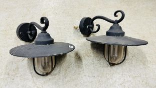 A PAIR OF MODERN VINTAGE STYLE OUTSIDE BRACKET WALL LANTERNS - SOLD AS SEEN.