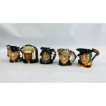 A GROUP OF 5 ROYAL DOULTON CHARACTER JUGS TO INCLUDE THE POACHER D 6429, PIED PIPER D 6403,