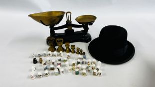 A SET OF VINTAGE LIBRA KITCHEN SCALES ALONG WITH A VINTAGE GLADIATOR HAT AND SMALL BOX OF THIMBLES.