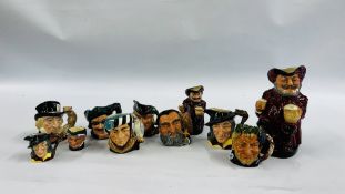 A COLLECTION OF 11 ROYAL DOULTON CHARACTER JUGS OF VARYING SIZES TO INCLUDE MINIATURE EXAMPLES.