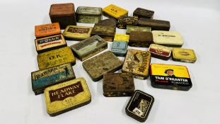 A BOX CONTAINING AN EXTENSIVE COLLECTION OF ASSORTED EMPTY VINTAGE TOBACCO TINS TO INCLUDE EXAMPLES