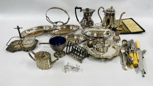 A BOX OF ASSORTED SILVER PLATED WARE TO INCLUDE COVERED TUREENS, TOAST RACK & SALVERS, CRUET,