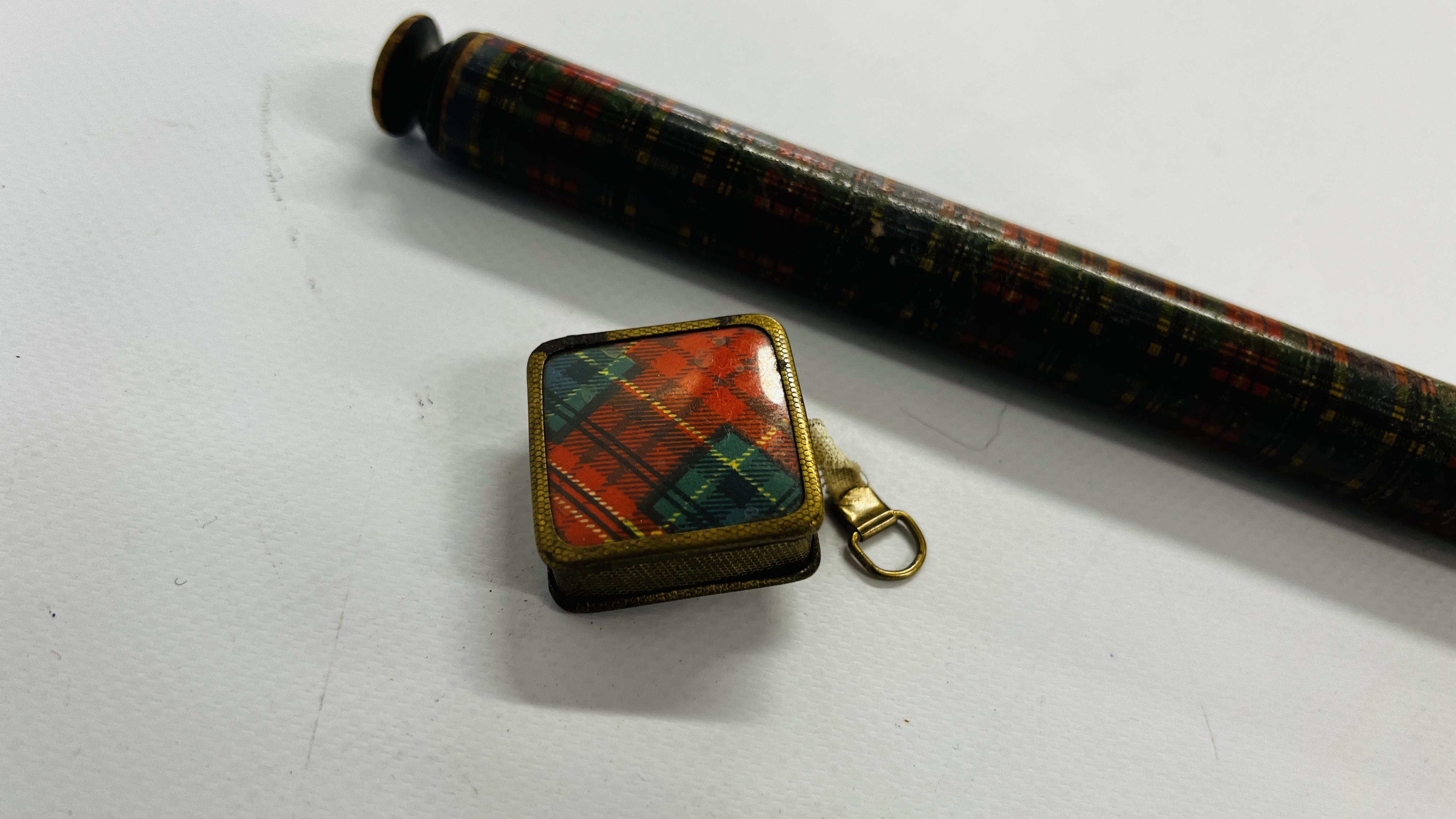 TWO PIECES OF VINTAGE TARTAN WARE TO INCLUDE A RULE AND A TAPE MEASURE. - Image 2 of 6