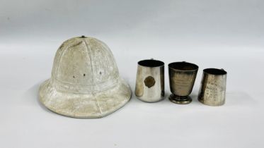 A PITH HELMET ALONG WITH A HOME GUARD MUG & 2 OTHER MILITARY MUGS.