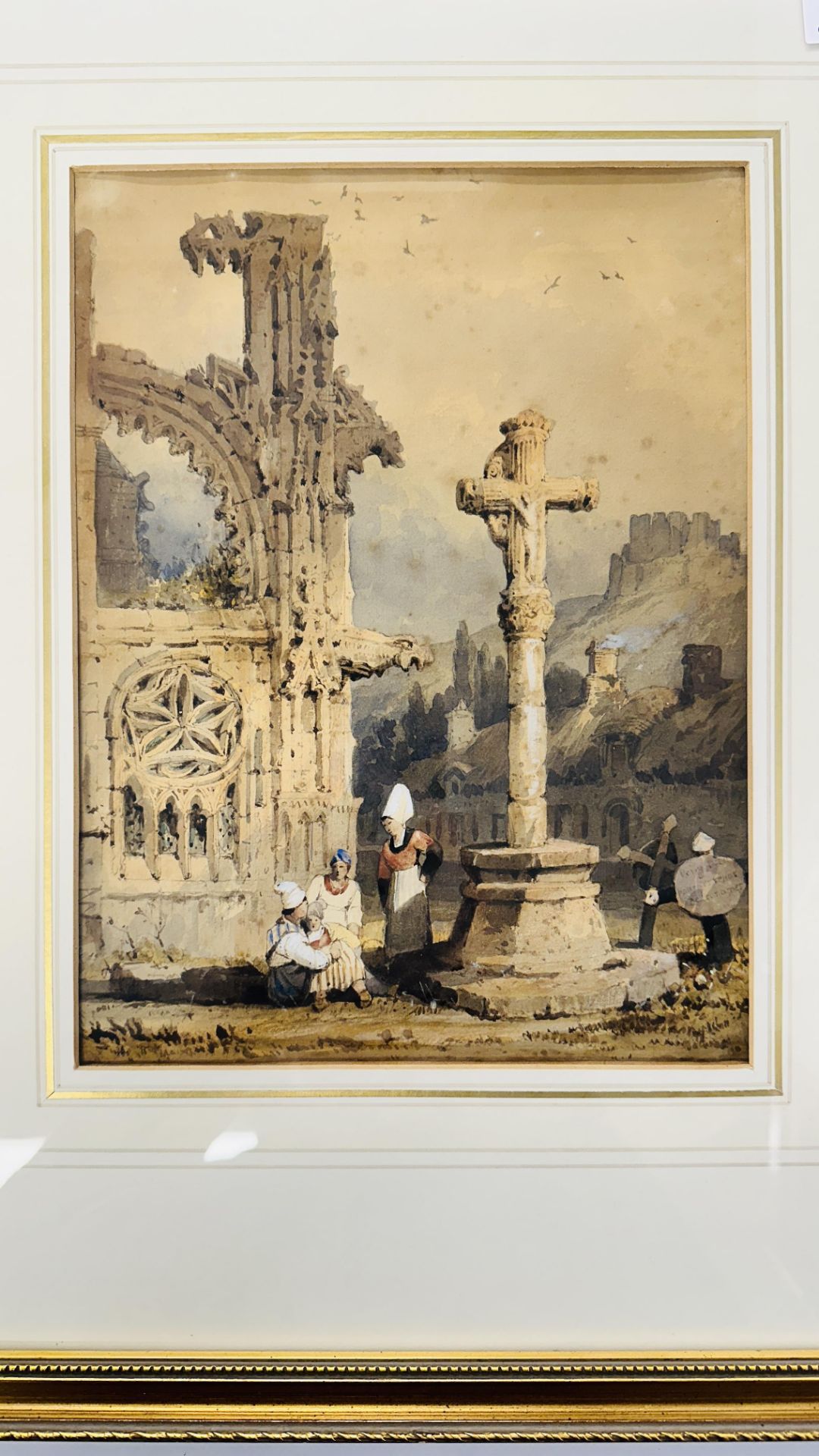 A FRAMED AND MOUNTED WATERCOLOUR "CHURCH RUINS" ATTRIBUTED TO S. PROUT - NO VISIBLE SIGNATURE H 26. - Image 2 of 3