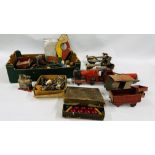 VINTAGE LINES BRO'S WOODEN LOCOMOTIVE AND CARRIAGES A/F ALONG WITH A BOX CONTAINING FARM ANIMALS,