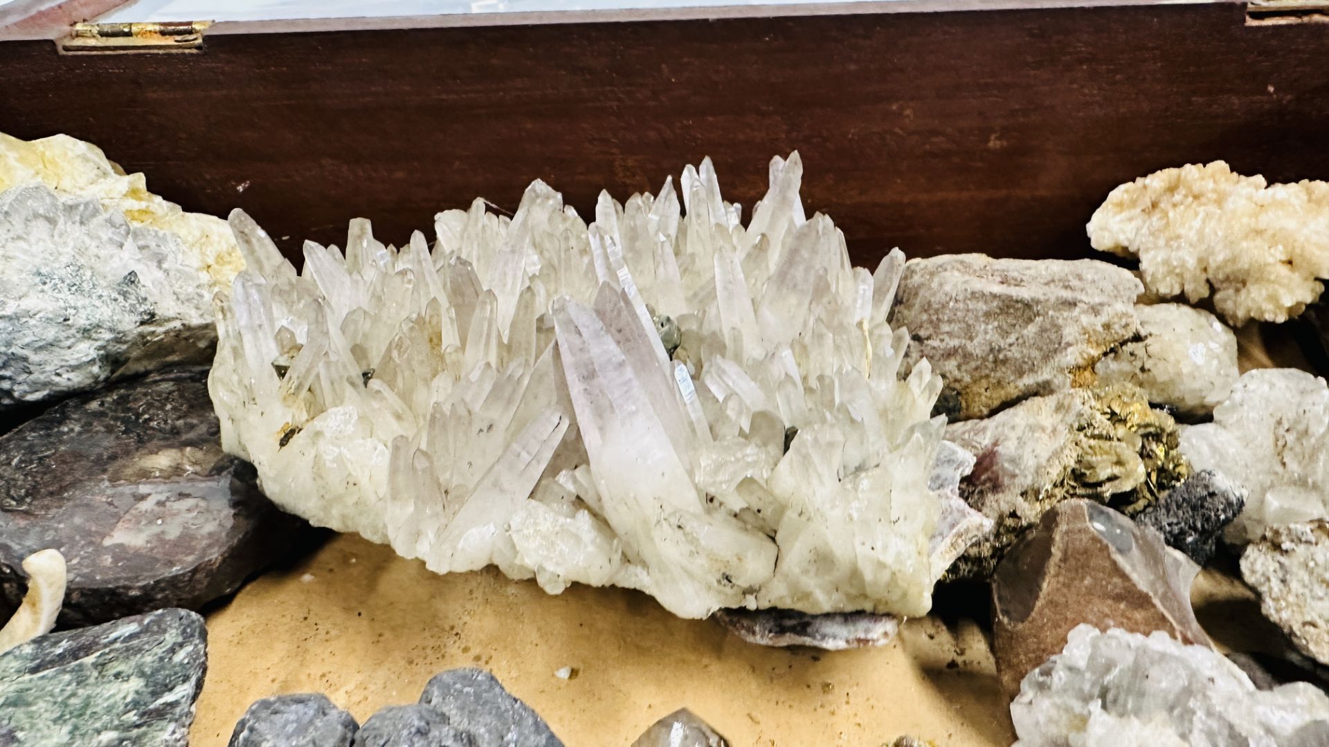 TABLE TOP DISPLAY CASE CONTAINING COLLECTION OF CRYSTAL AND ROCK SPECIMENS. - Image 8 of 9