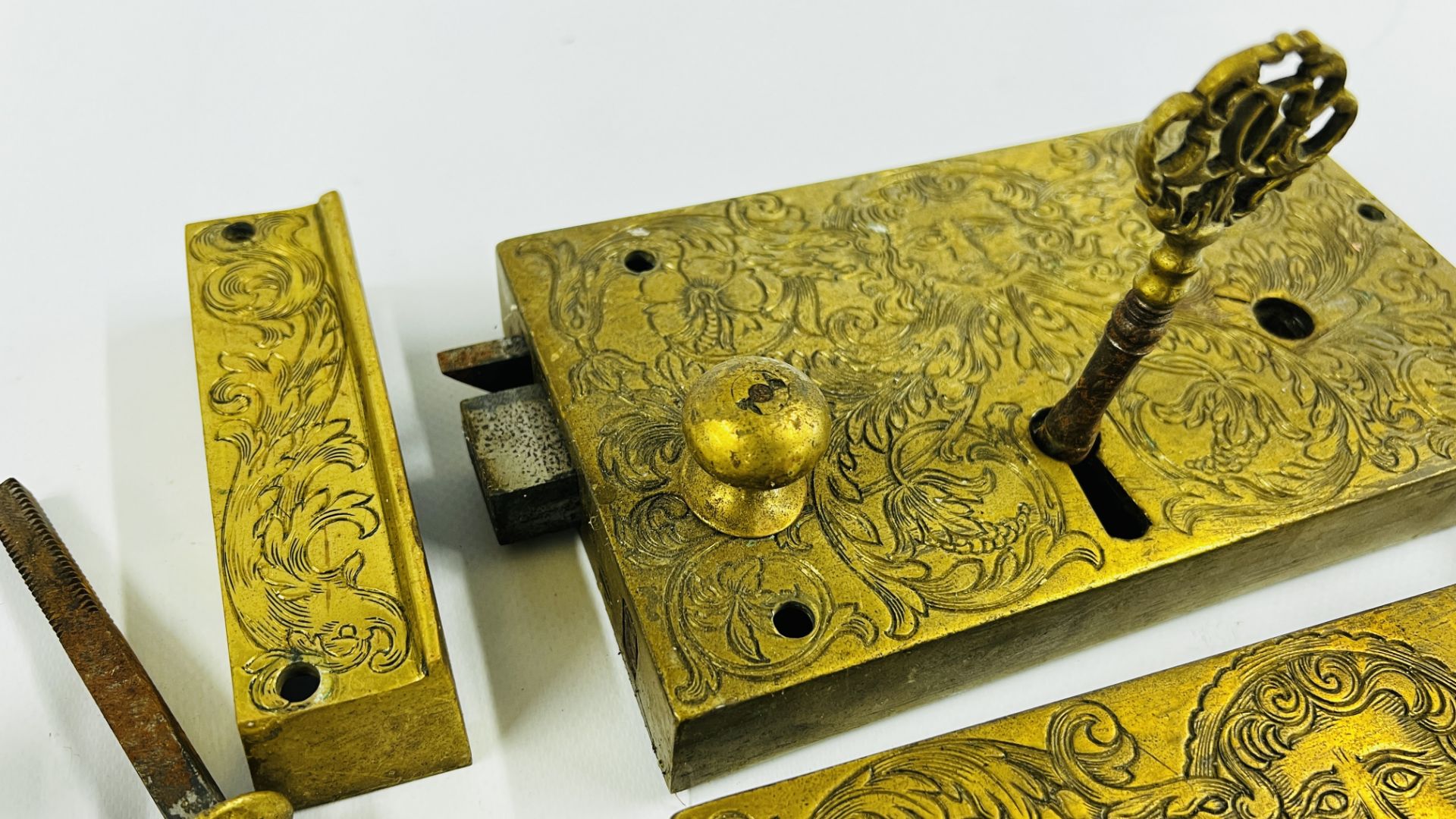 A PAIR OF ELABORATE ANTIQUE SOLID BRASS DOOR LOCKS PROBABLY C18th RETAINING THE ORIGINAL KEYS, - Image 10 of 12