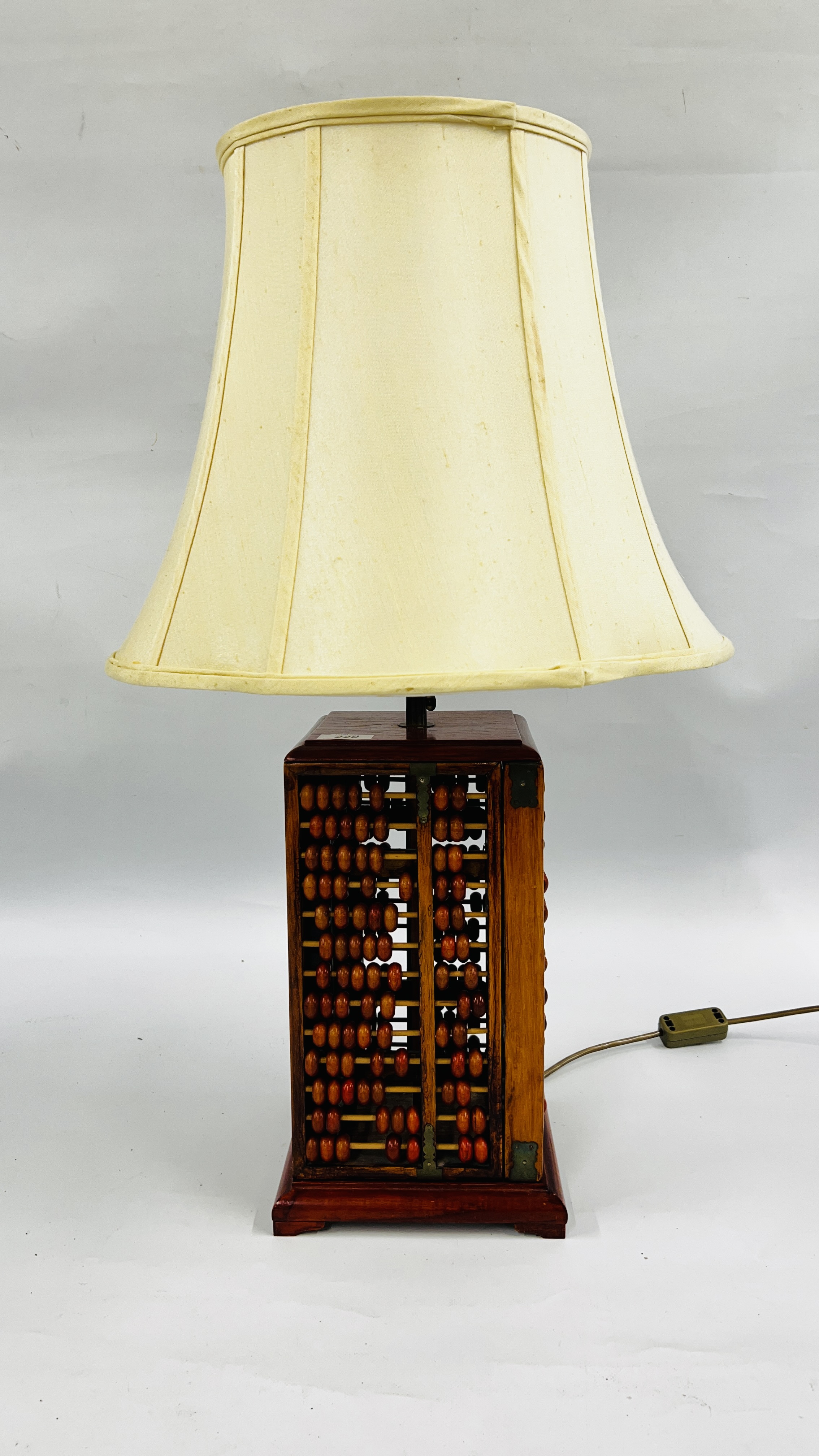 A NOVELTY CONVERTED LAMP FROM 4 ABACUS BOARDS WITH SHADE - WIRE REMOVED - SOLD AS SEEN.