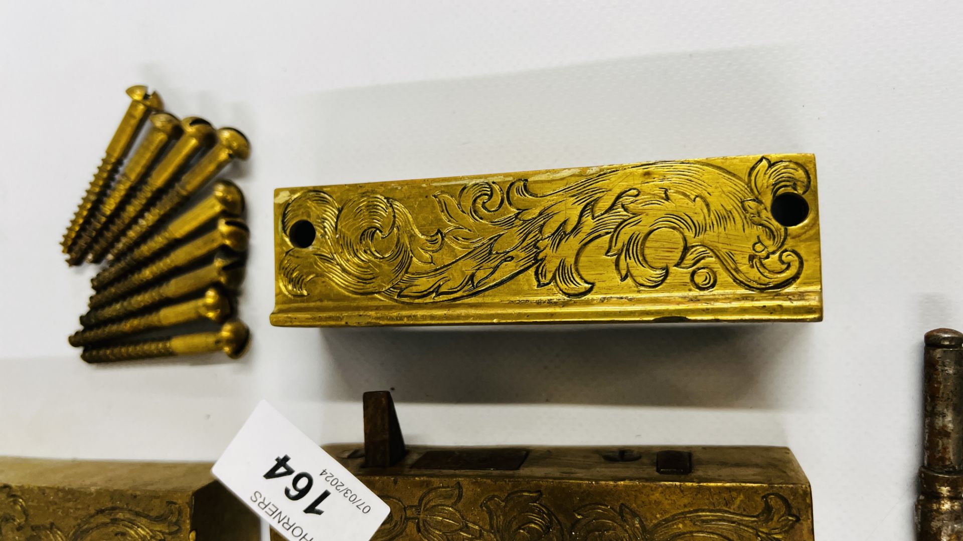 A PAIR OF ELABORATE ANTIQUE SOLID BRASS DOOR LOCKS PROBABLY C18th RETAINING THE ORIGINAL KEYS, - Image 5 of 12