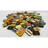 A BOX CONTAINING AN EXTENSIVE COLLECTION OF ASSORTED EMPTY VINTAGE TOBACCO TINS TO INCLUDE EXAMPLES