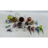 A GROUP OF ART GLASS HANGING BALLS AND ART GLASS HUMMING BIRDS.