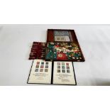 A WOODEN BOX AND TRAY CONTAINING TIE PINS, SOME SILVER EXAMPLES, BANK NOTES,