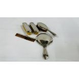 A VINTAGE FIVE PIECE SILVER BACKED DRESSING TABLE SET,