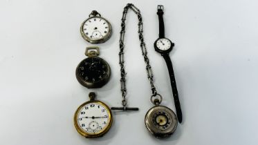 A GROUP OF THREE VINTAGE POCKET WATCHES A/F ALONG WITH AN ANTIQUE SILVER CASED FOB WATCH,