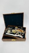 A JEWELLERY BOX MARKED "THE TRELLEBORG RANGE" CONTAINING A QUANTITY OF JEWELLERY TO INCLUDE VINTAGE