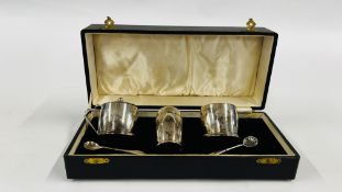 SILVER THREE PIECE CASED CONDIMENT SET WITH SPOONS, WILLIAM NEALE,