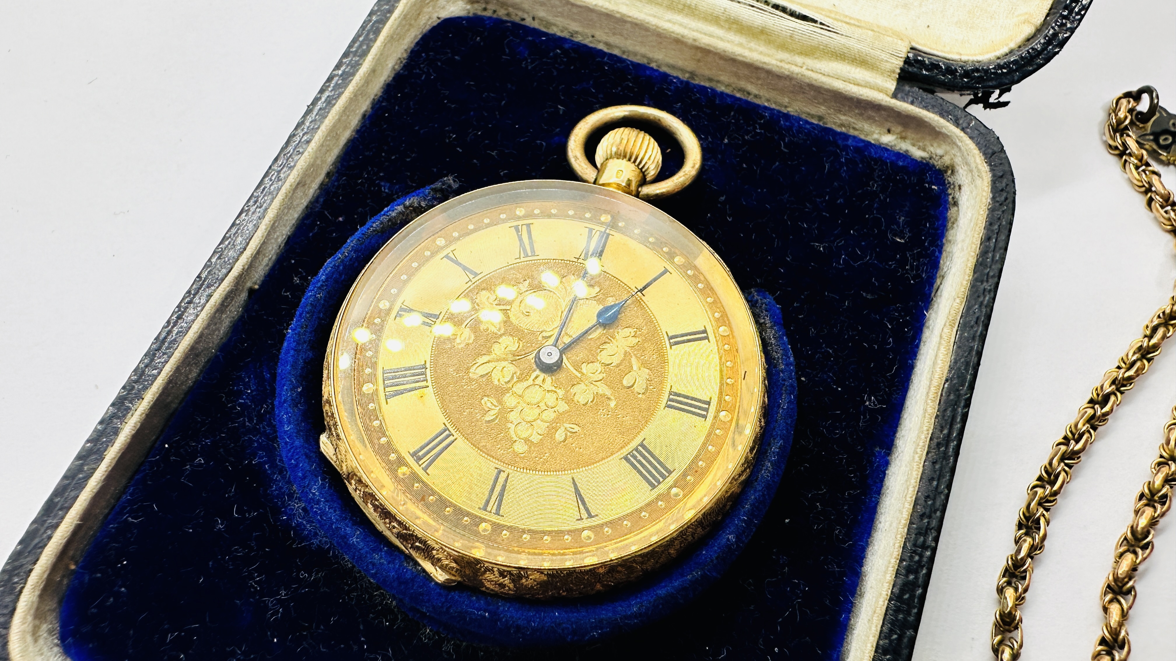 AN ELABORATE ANTIQUE 18CT GOLD CASED HALF HUNTER POCKET WATCH ALONG WITH A WOVEN WATCH CHAIN, - Image 2 of 17