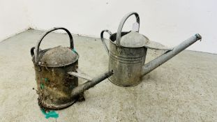 TWO OLD GALVANISED METAL WATERING CANS.