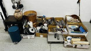 9 BOXES OF HOUSEHOLD SUNDRIES TO INCLUDE KITCHENALIA, PLANT POTS, BRASS TRIVET, SONY RADIOS,