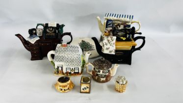A GROUP OF SIX NOVELTY TEAPOTS TO INCLUDE "CARDEW" EXAMPLES (2 A/F) ALONG WITH A SPODE "CHRISTMAS