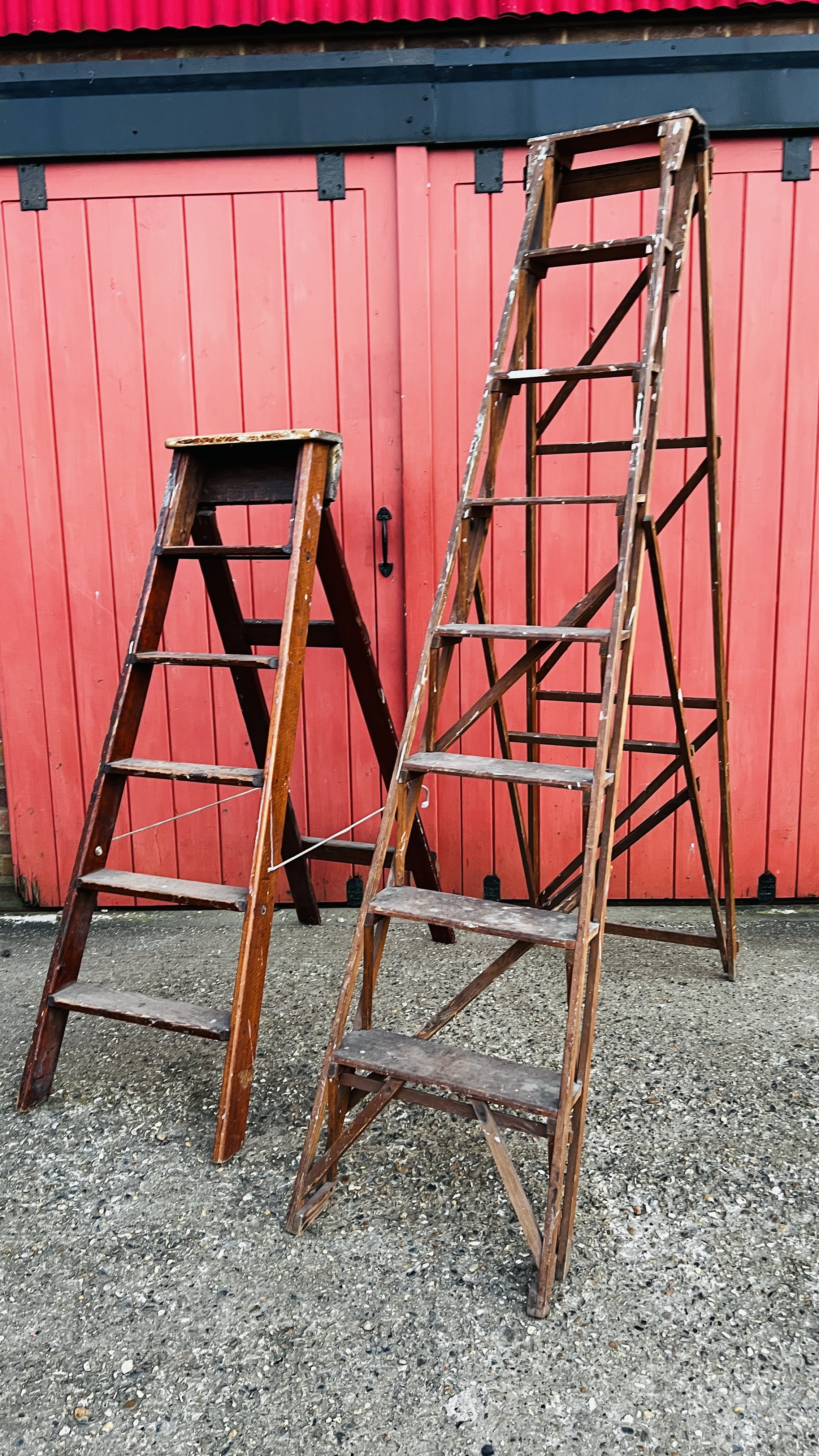 TWO SETS OF VINTAGE WOODEN LADDERS ONE HAVING A CAST PLAQUE TITLED "THE HATHERLEY" (COLLECTORS ITEM