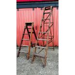 TWO SETS OF VINTAGE WOODEN LADDERS ONE HAVING A CAST PLAQUE TITLED "THE HATHERLEY" (COLLECTORS ITEM