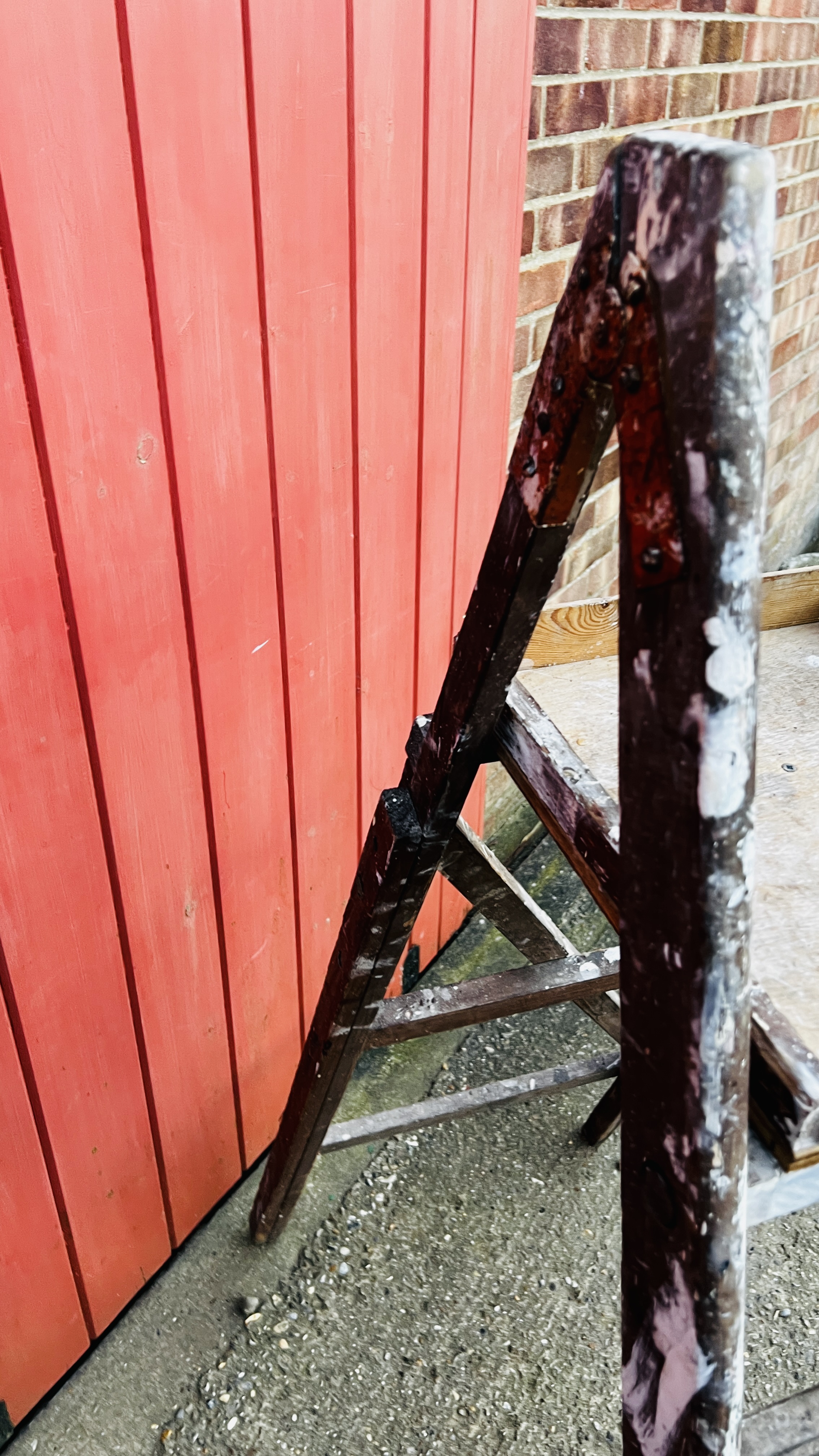 TWO SETS OF VINTAGE WOODEN LADDERS ONE HAVING PLAQUE TITLED "STEPHENS & CARTER LTD" LONDON - Image 9 of 16