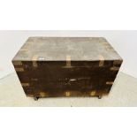 ANTIQUE MAHOGANY METAL BOUND TRUNK.