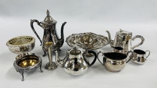 A GROUP OF SILVER PLATED ITEMS TO INCLUDE A COFFEE POT ETC.