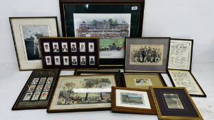 12 FRAMED CRICKET RELATED PRINTS, PICTURES AND CIGARETTE CARDS TO INCLUDE JOHN PLAYER & SONS, WILLS,