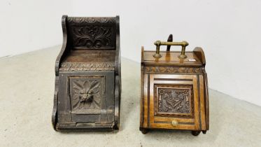 TWO ANTIQUE OAK COAL BOXES INCLUDING 1 WITH CARVED MASKED DETAIL,