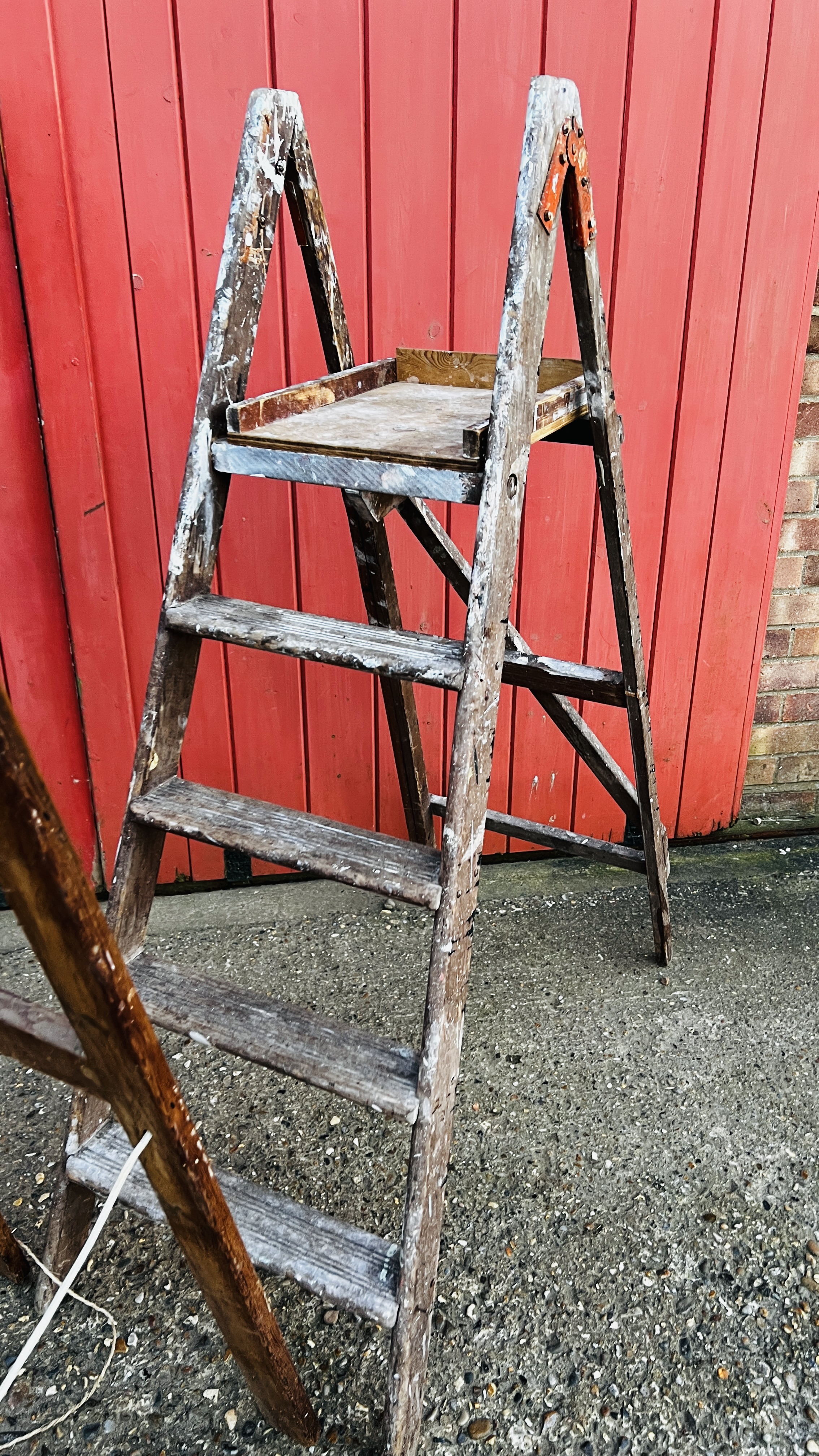 TWO SETS OF VINTAGE WOODEN LADDERS ONE HAVING PLAQUE TITLED "STEPHENS & CARTER LTD" LONDON - Image 2 of 16