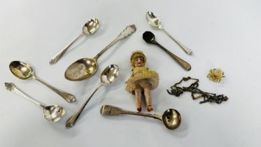 A GROUP OF 8 ASSORTED SILVER SPOONS, GILT SPIDER BROOCH ETC. AND A VINTAGE BISQUE MINIATURE DOLL.