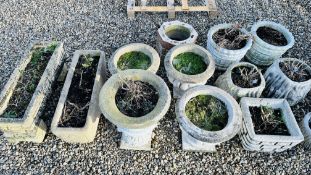 A LARGE GROUP OF STONEWORK GARDEN PLANTERS TO INCLUDE THREE PAIRS, URN, ETC (TOTAL 13).