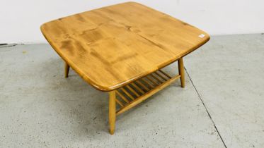 AN ERCOL WINDSOR SQUARE COFFEE TABLE WITH LOWER RAILED TIER - W 75CM.