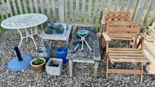 TWO FOLDING PINE GARDEN CHAIRS, TWO WEATHERED HARDWOOD GARDEN TABLES, GALVANISED WATERING CAN,