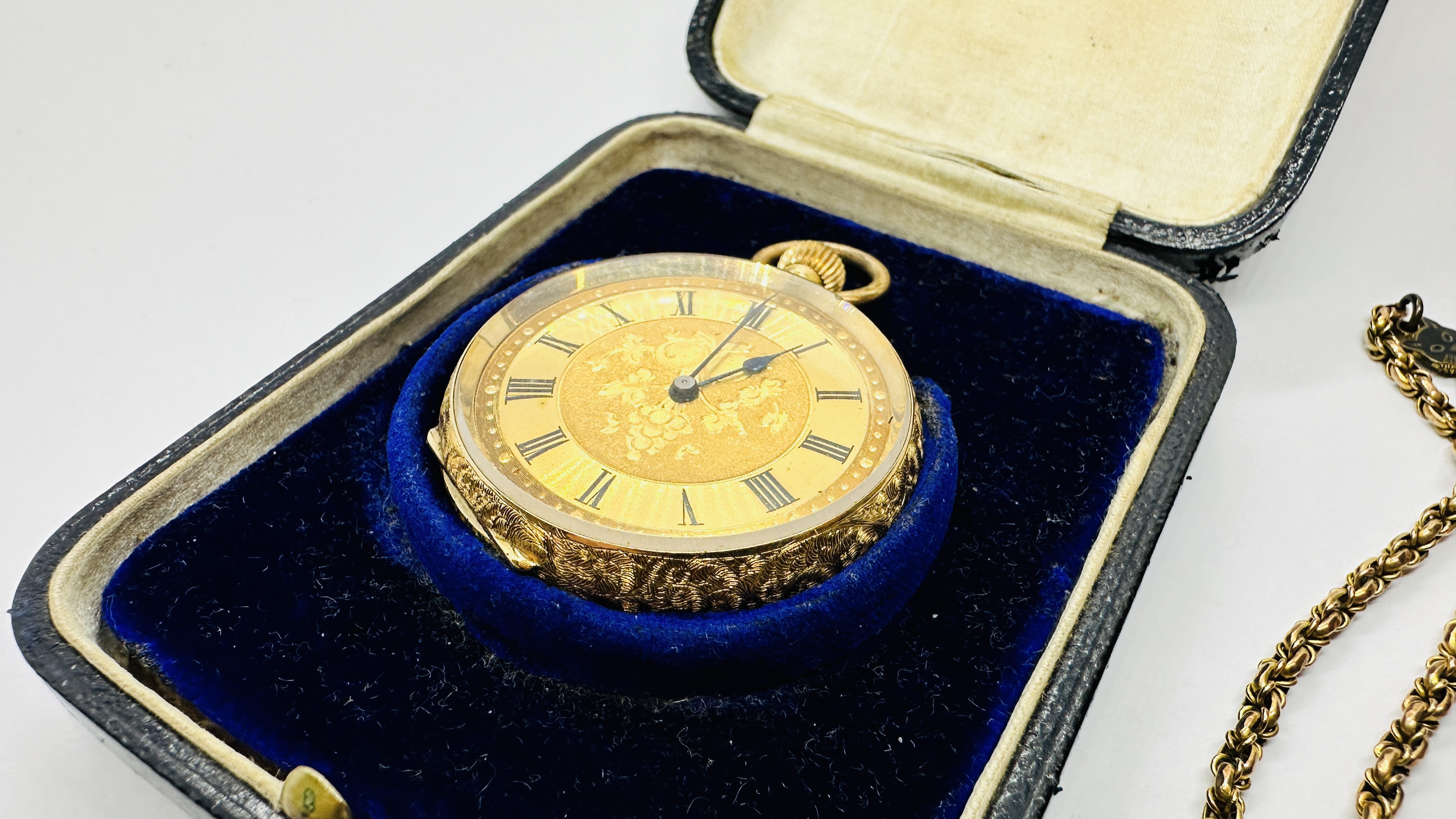 AN ELABORATE ANTIQUE 18CT GOLD CASED HALF HUNTER POCKET WATCH ALONG WITH A WOVEN WATCH CHAIN, - Image 3 of 17